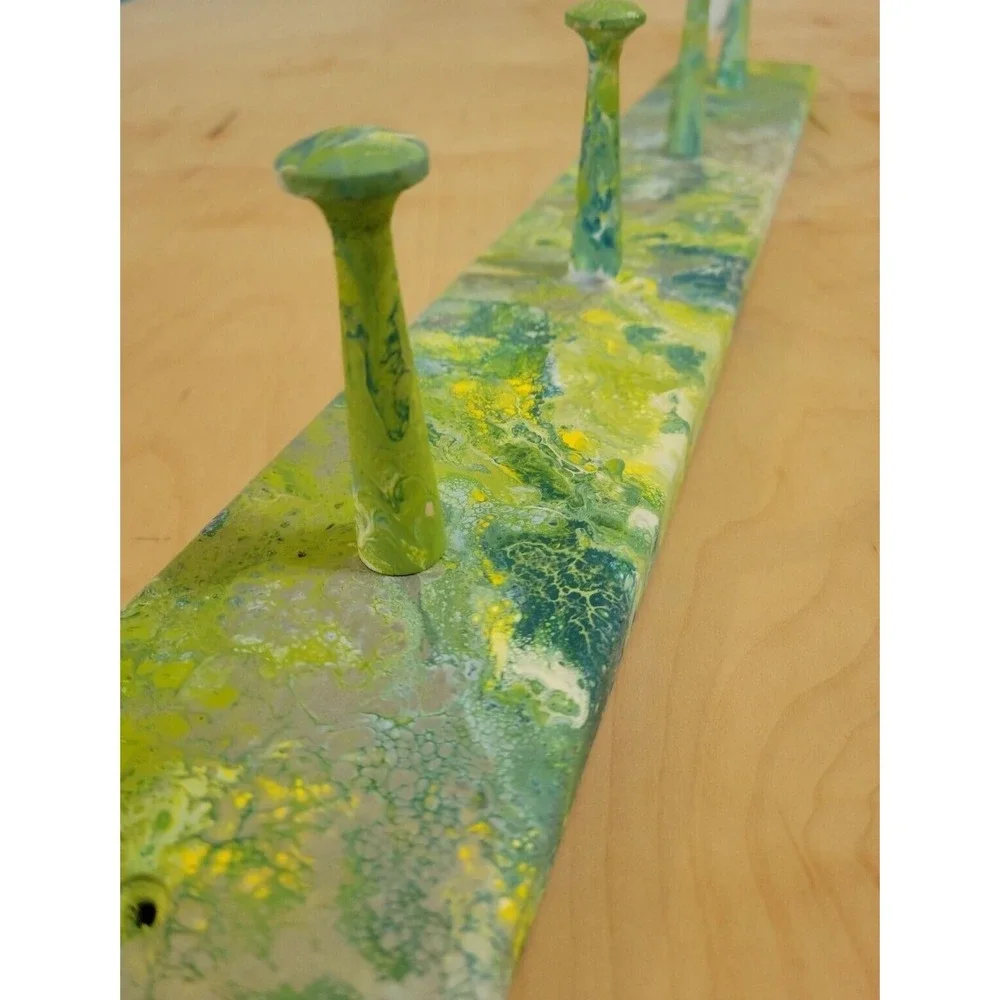 Hand Painted Fluid Art Wooden Wall Rack 5 Peg Hook Green‎ Teal Marbled Entryway
